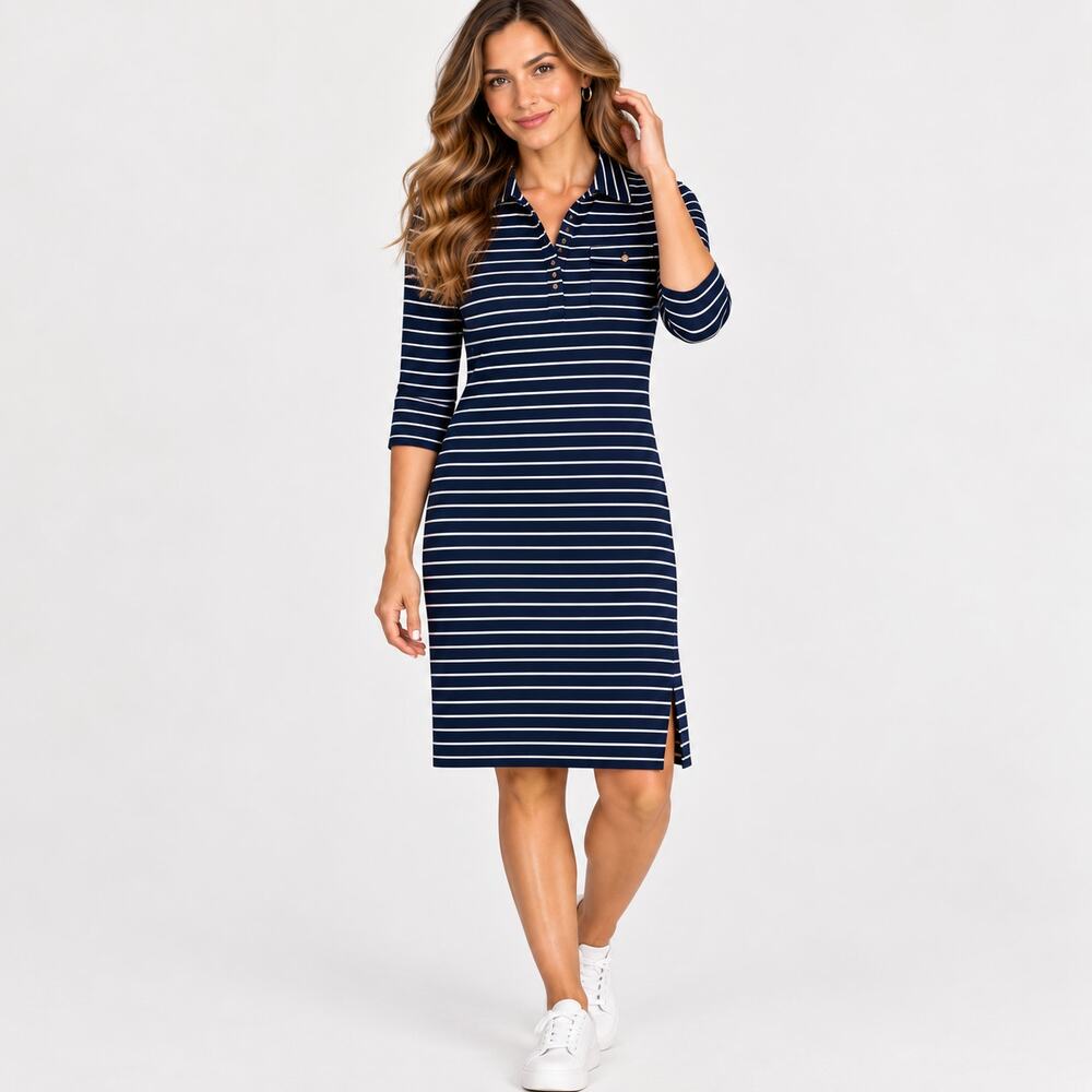 Lauren Ralph Lauren Striped 3/4 Sleeve Cotton Blue/White Dress Size S Preppy